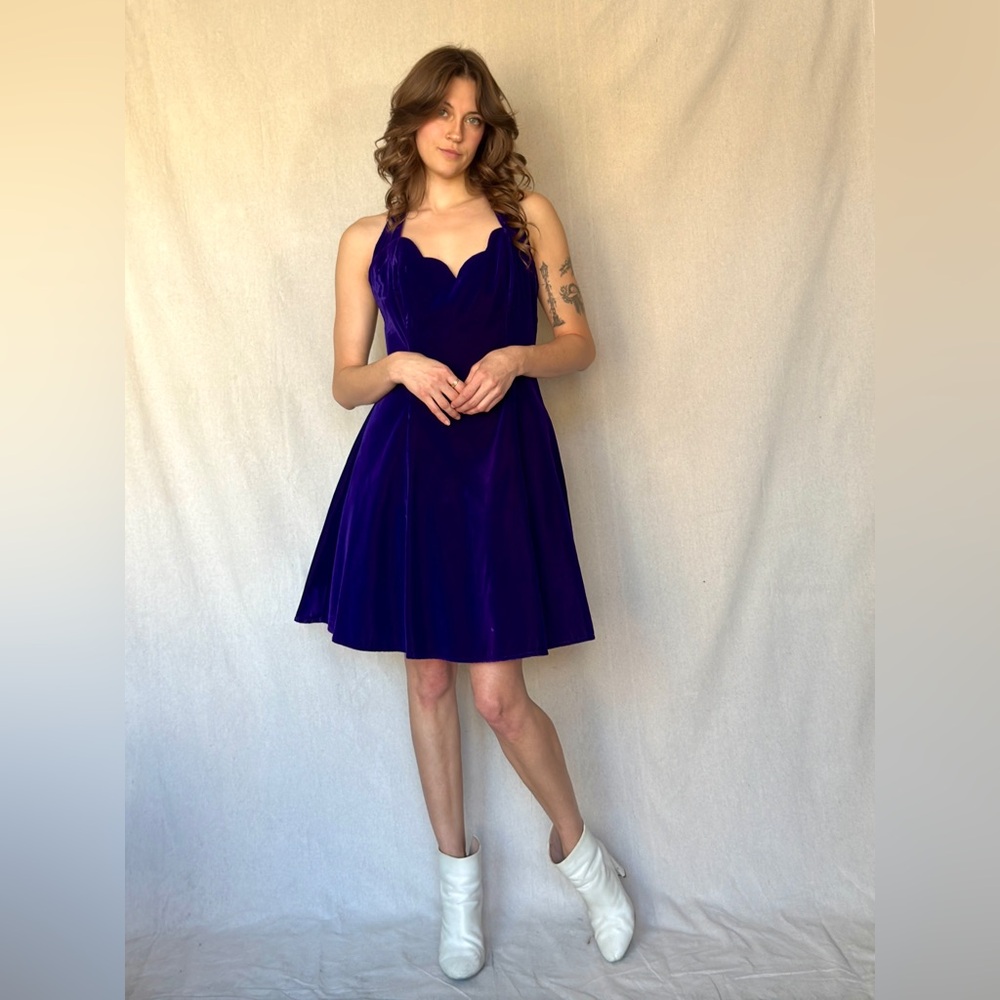 90s Vintage Deep Purple Velvet Halter Backless Skater Mini Dress